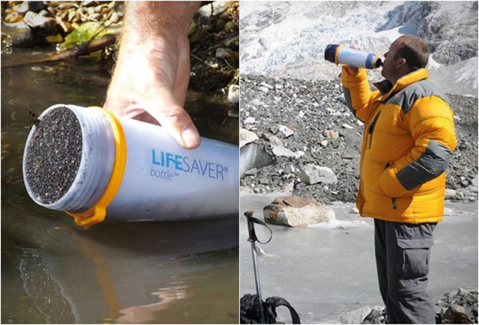 Man using the Lifesaver Bottle - A Portable Water Filter System to purify unclean water