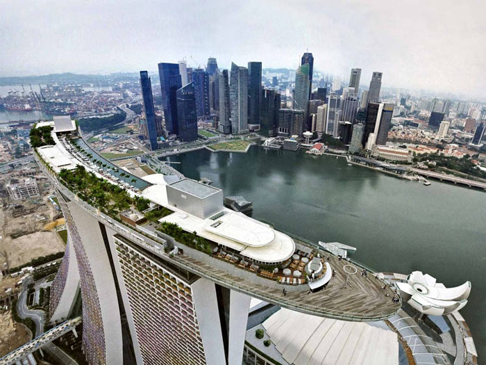 Aerial view of Marina Bay Sands Hotel in Singapore and downtown Singapore