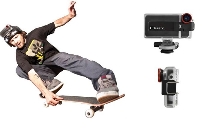 Skateboarder using the Optrix XD5 Waterproof Action Camera iPhone Case on his helmet