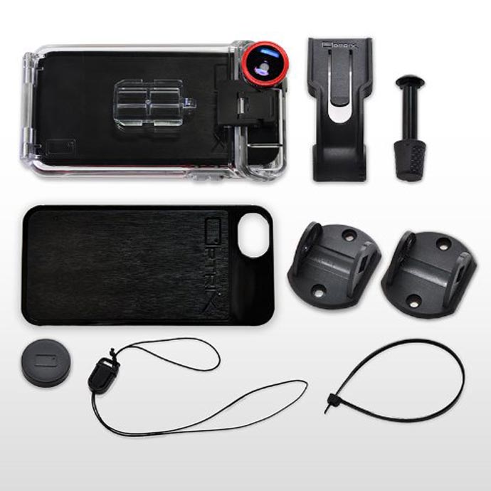Accessories included with the Optrix XD5 Waterproof Action Camera iPhone Case