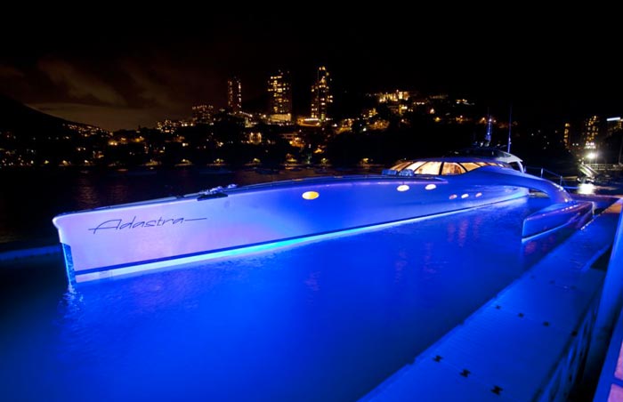 Adastra Superyacht at night blue LED