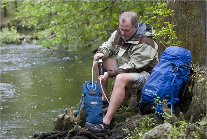 Man using the Katadyn Pocket Water Microfilter in a lake