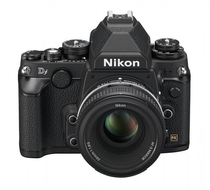 Front view of a black Nikon Df DSLR camera