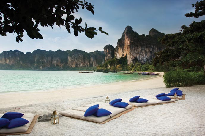 Lounge chairs at the beach at Rayavadee Resort in Thailand