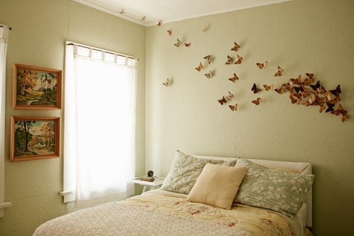 Butterflies on the wall in a bedroom