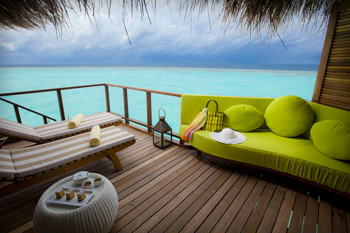 Terrace with ocean view at Maafushivaru Island Resort in the Maldives