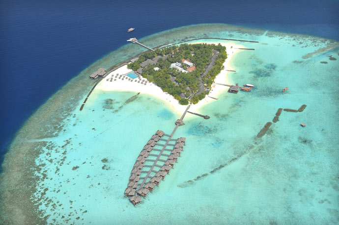 Aerial view of Maafushivaru Island Resort in the Maldives