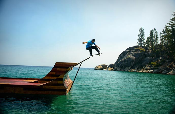 Floating skateboard ramp in Lake Tahoe