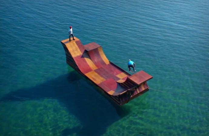 Floating skateboard ramp in Lake Tahoe