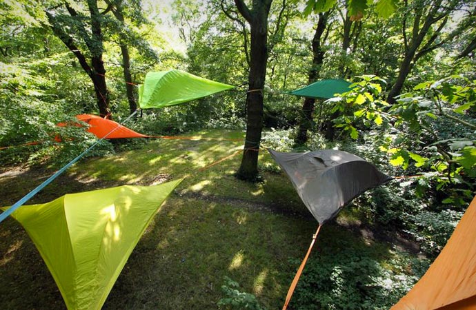 Tree tents attached to trees during camping