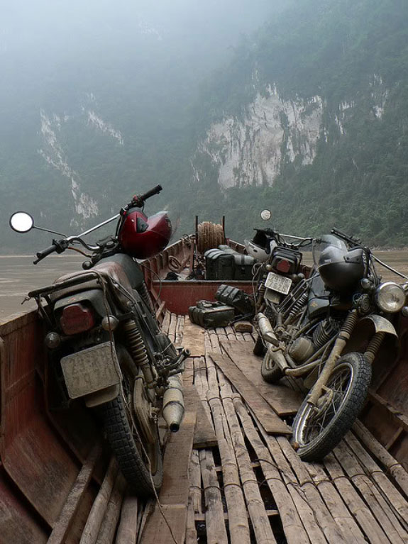 Motorbikes being transported on a boat