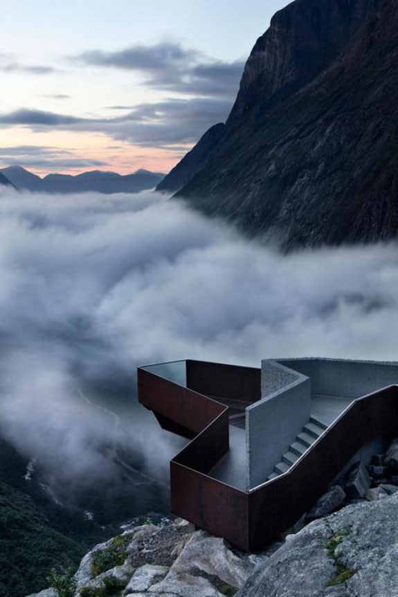 Massive stairs on foggy mountains