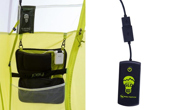 Power supply and LED light switch in a Big Agnes tent