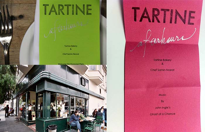 Tartine Afterhours dinner menu green and pink and entrance to Tartine Bakery 