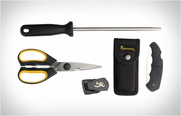 Game shears, sharpening steel, LED cap light and small pocket knife from Browning Butcher Kit