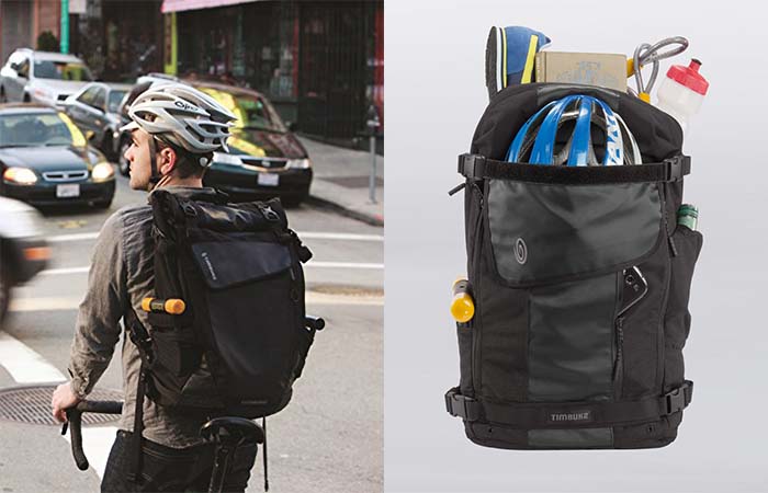 Timbuk2 Especial Medio Backpack with stuff in it and a guy on a bike wearing it