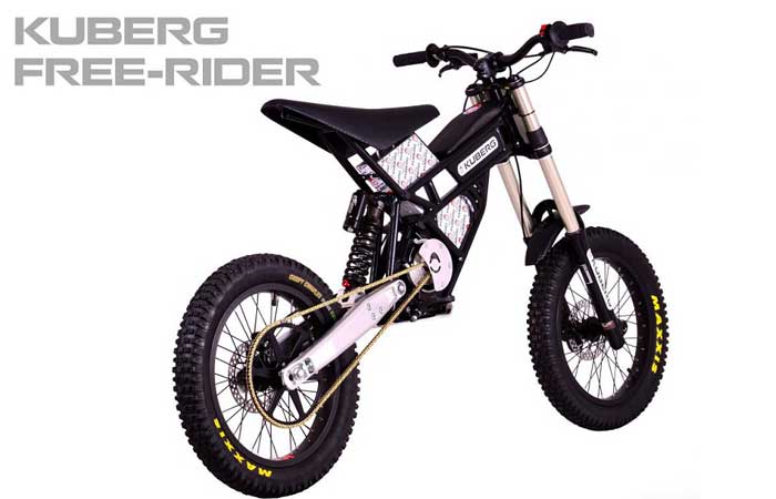 Kuberg Freerider Electric Bike on a white background, with a caption, side view.