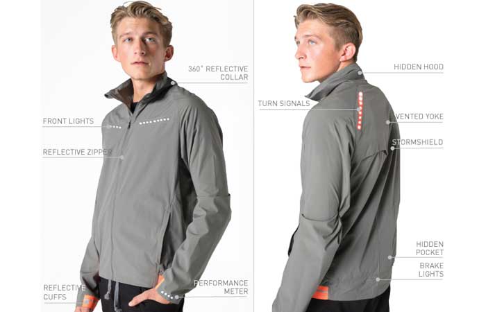 Lumenous All-weather Jacket, in gray color, with features mapped out on a white background.