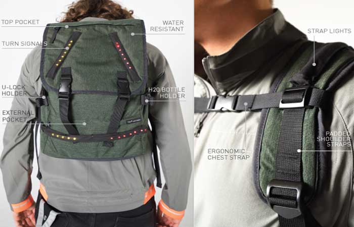 Lumenus Crossover Backpack in olive, worn, front view and chest straps.