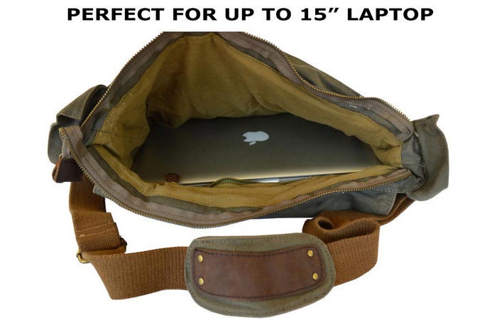 Military Style Messenger Bag, laid and unzipped, with a laptop inside, on a white background.