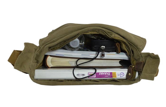 Military Style Messenger Bag , laid and unzipped, with books and a water bottle inside, on a white background.