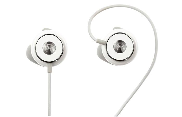 White pair of earphones photographed from above. 