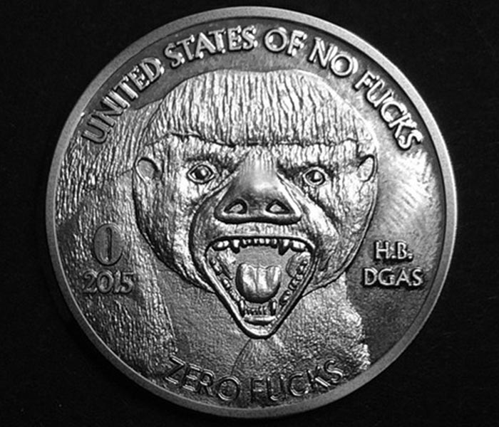 Honey Badger coin captured from above. 
