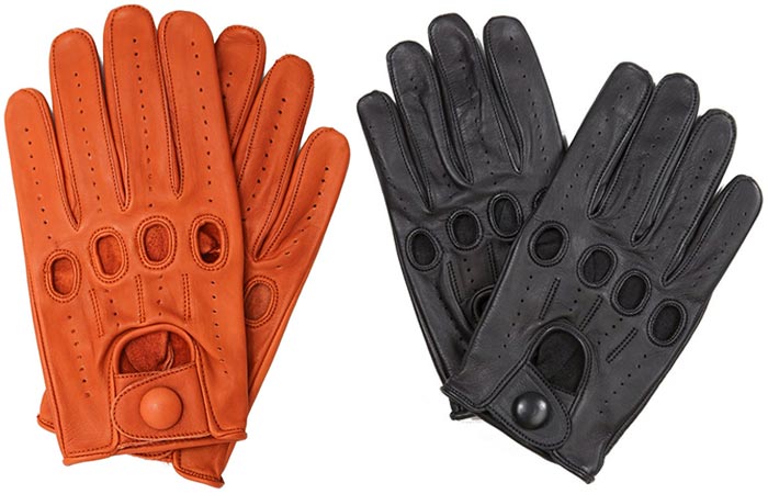 Genuine Leather Full-finger Driving Gloves by Riparo, tan and black, on a white background.