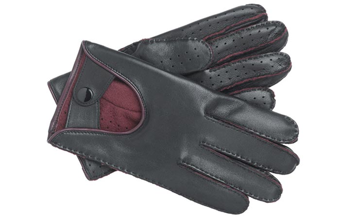 Men's Lined Leather Driving Gloves by Brighton, black, on a white background.