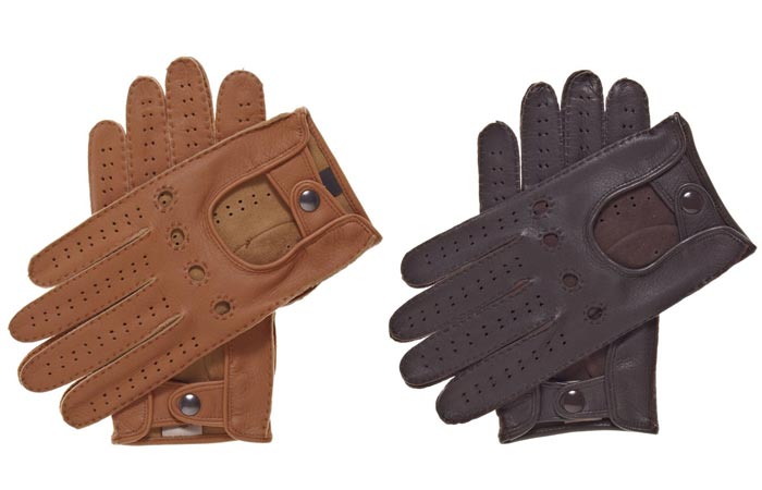 Men's Handsewn Deerskin Driving Gloves by Fratelli Orsini, tan and brown, on a white background.