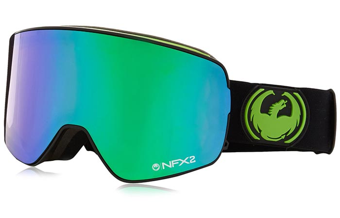 Dragon Alliance NFX2 Ski Goggles, Jet-Green Ion, tilted, on a white background.