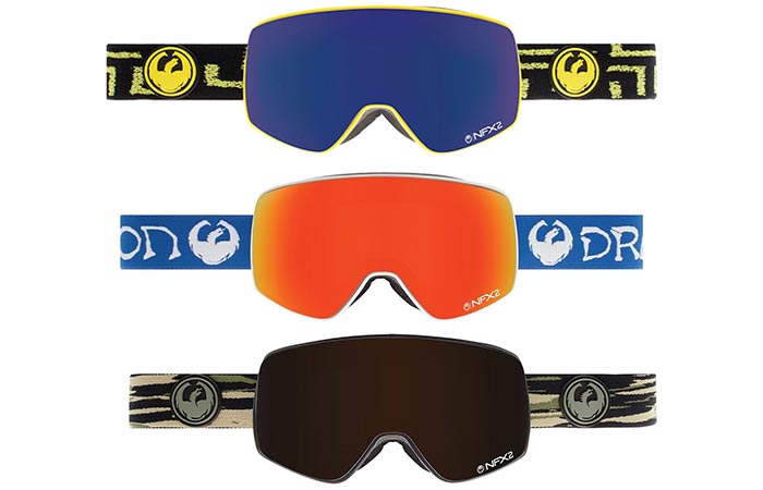 Dragon Alliance NFX2 Ski Goggles with blue. orange, and black lens, one above the other, on a white background.