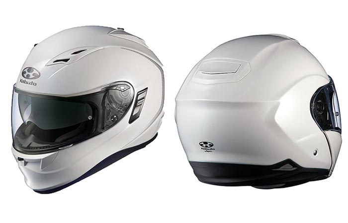 Kabuto Modular Adult Ibuki Cruiser Motorcycle Helmet, white, front and back view, tilted, on a white background.
