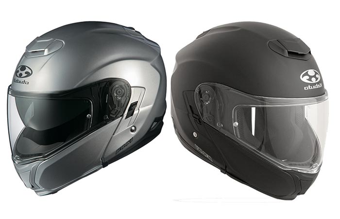 Kabuto Modular Adult Ibuki Cruiser Motorcycle Helmet, silver and black, side view, oriented in opposite directions, on a white background.