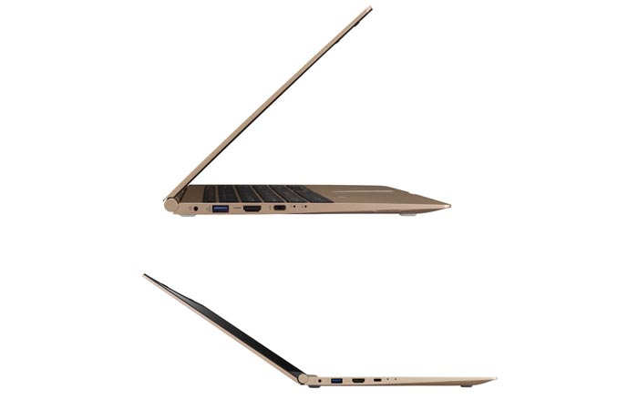 Two LG Gram 15” Laptops, side view, on a white background, open at a 60 degree and 120 degree angle.