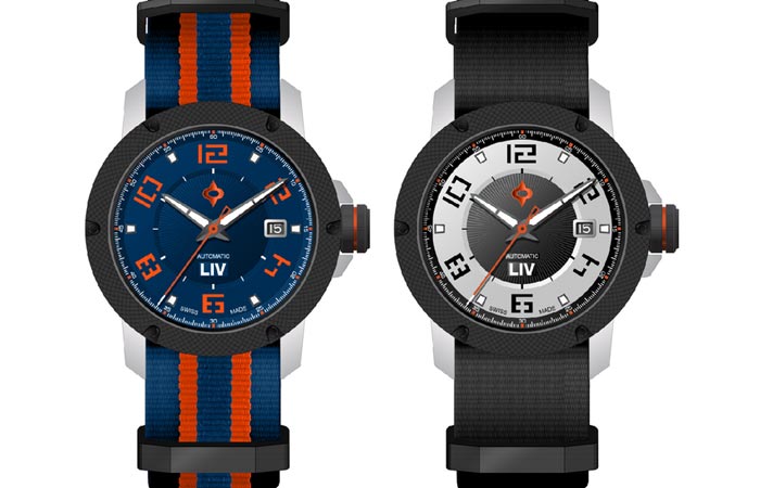 Two LIV Genesis X1A watches in blue/orange and black/silver option, on a white background.