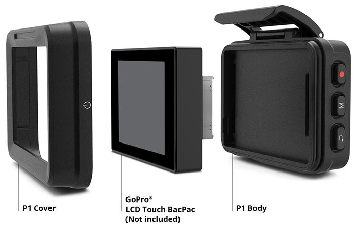 Removu P1 GoPro Live Viewer cover, LCD Touch BacPac and P1 body on a white background, with captions.