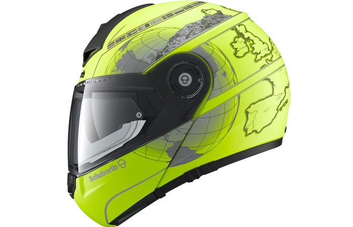 Yellow helmet with a pattern captured from the side. 