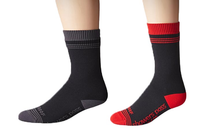 Showers Pass Waterproof Crew Socks , black/grey, and chili red, on a white background, side view, worn.