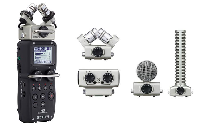 Zoom H5 Four-Track Portable Recorder with additional mics, on a white background. 