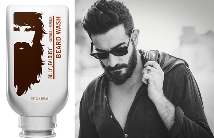 Billy Jealousy Beard Wash bottle and a black and white photo of a dark-haired bearded man in a leather jacket and wearing sunglasses.