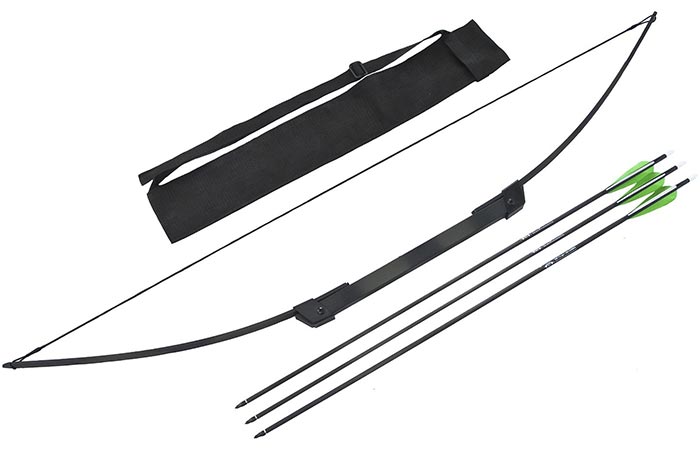 Xpectre Compact Take-Down Nomad Survival Bow with pouch and 3 arrows, diagonally oriented, on a white background.