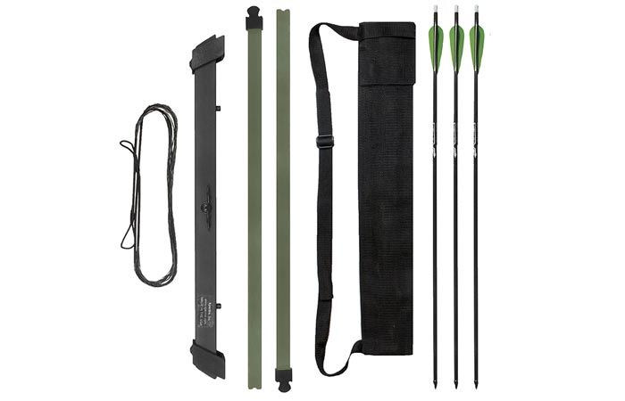 Xpectre Compact Take-Down Nomad Survival Bow, disassembled, with a pouch and 3 arrows, on a white background. 