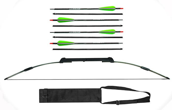 Xpectre Compact Take-Down Nomad Survival Bow, assembled, with arrows and pouch, on a white background, landscape. 