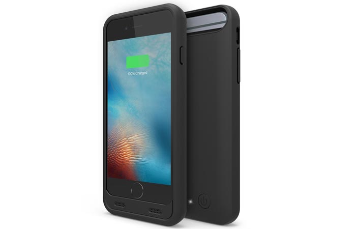 An iPhone 6 and a External Protective Charging Case for iPhone 6 / 6s, black, tilted, on a white background.