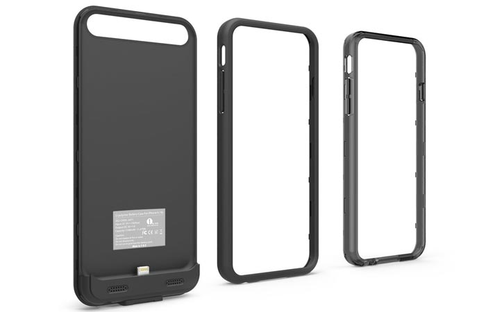 External Protective Charging Case for iPhone 6 / 6s, black, disassembled and tilted on a white background.