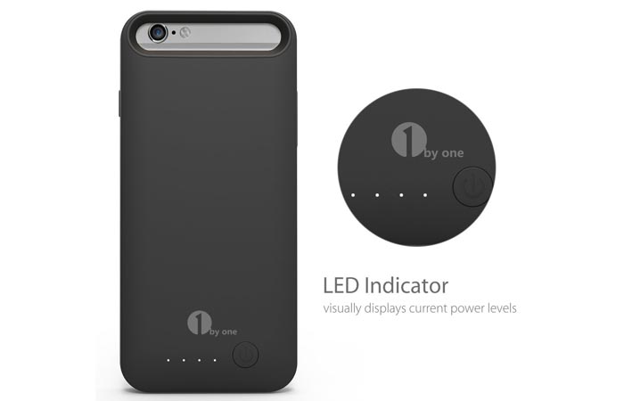 External Protective Charging Case for iPhone 6 / 6s, black, back view, and a LED indicator with a caption underneath, on a white background.