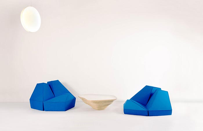 Two blue chairs made of Les Angles furniture. 