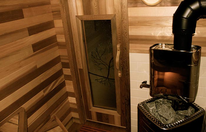 The inside of the sauna. 