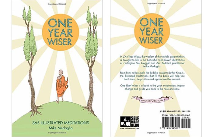One Year Wiser - 365 Illustrated Meditations book cover, front and back, on a white background.